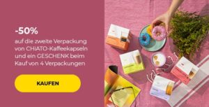 50% auf die zweite Verpackung von CHiATO-Kaffeekapseln und ein GESCHENK beim Kauf von 4 Verpackungen